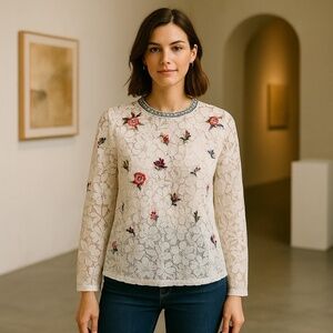 NWT LOFT Floral Embroidered Lace Long Sleeve Blouse Ivory Size XXS